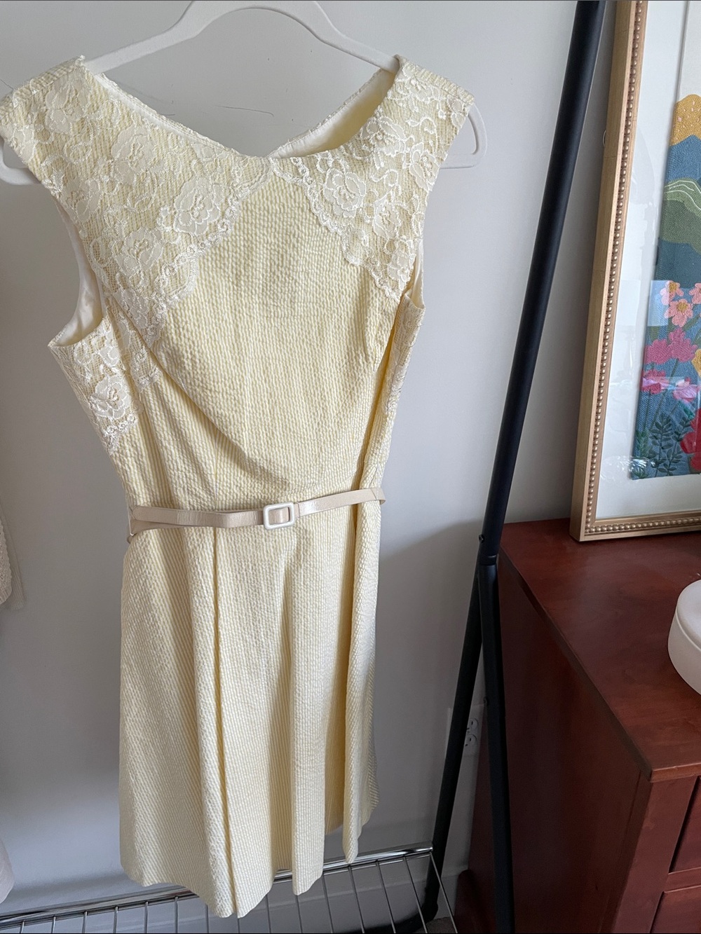 Maggy London Lace Yoke Pleated Midi Dress in Pale Yellow